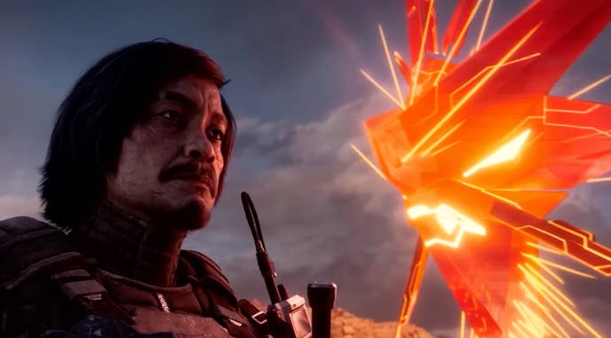 A spartan looks at the red AI Iratus in a cinematic from Halo Infinite’s season 3 Echoes Within.