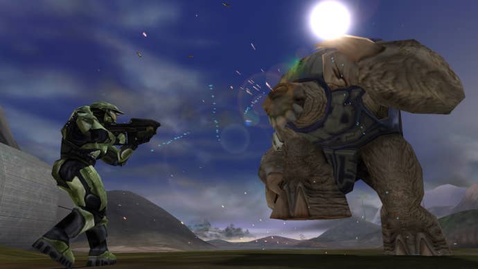 John Master Chief faces a hulking, stomping alien in a screenshot from Halo: MCC’s cut content mod