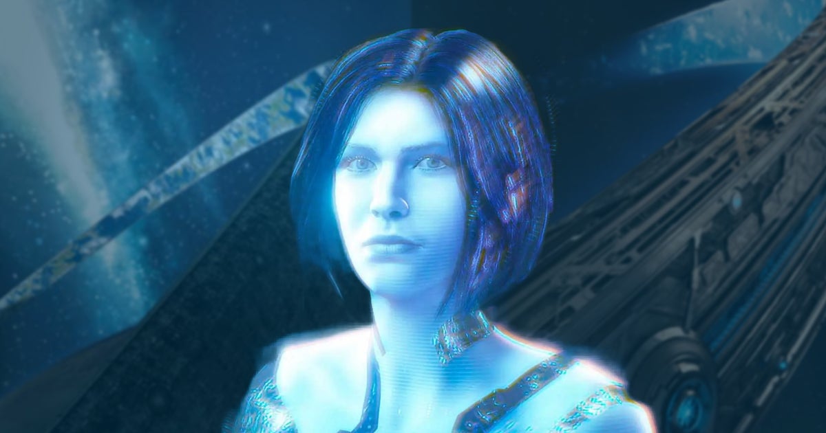 Cortana over the top of a comparison picture of two Halo rings.