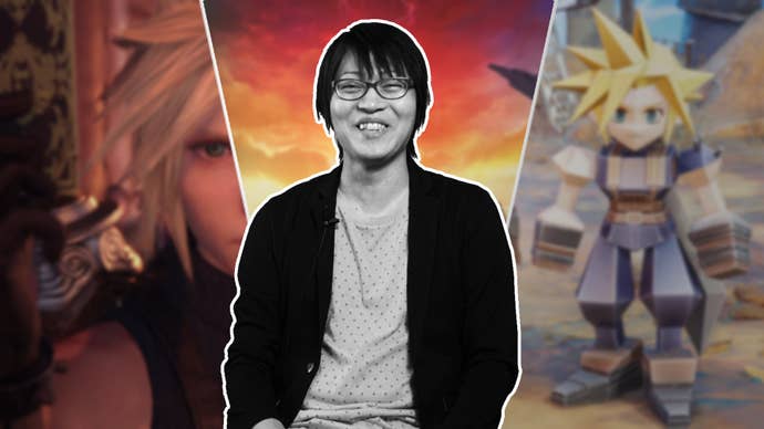 A black and white image of Naoki Hamaguchi over a three-way split image of Cloud in his 3DBrawler form, Cloud holding a Queen’s Blood Card, and key art of the game.