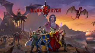 A group consisting of a rogue, a knight, and other fantasy classes pose below the logo for Hammerwatch 2 while a few dragons fly overhead