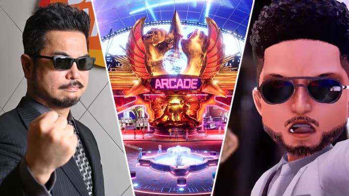 Harada - both IRL and in-game in Tekken 8’s Arcade Quest mode – flank an image of the virtual Arcade Tekken 8 calls home.
