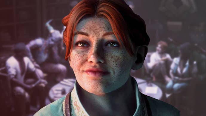 Harding smiles in DA Veilguard, over the top of a faded version of the hub area.