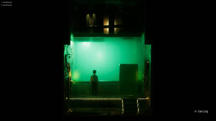 Harold Halibut screenshot showing Harold silhoutted in a sqaure room contianing a wall-to-wall tank of glowing turqouse liquid