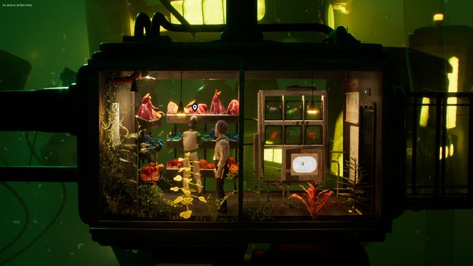 Harold Halibut screenshot showing Harold in a small room full of plant life