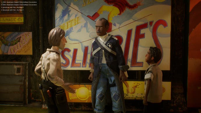 Harold Halibut screenshot showing Harold chattingh with two NPCs, a police officer and a child
