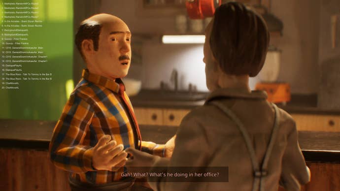 Harold Halibut screenshot showing Harold converse with a balding man with a moustache in lovely clay animation style