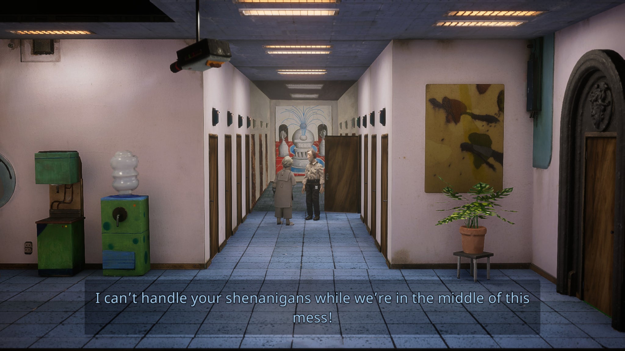 A man and an old woman stand in a hallway of office doors in Harold Halibut - 3