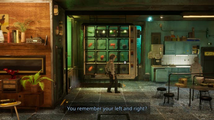 A man goes to fetch a container from a wall of shelves in Harold Halibut