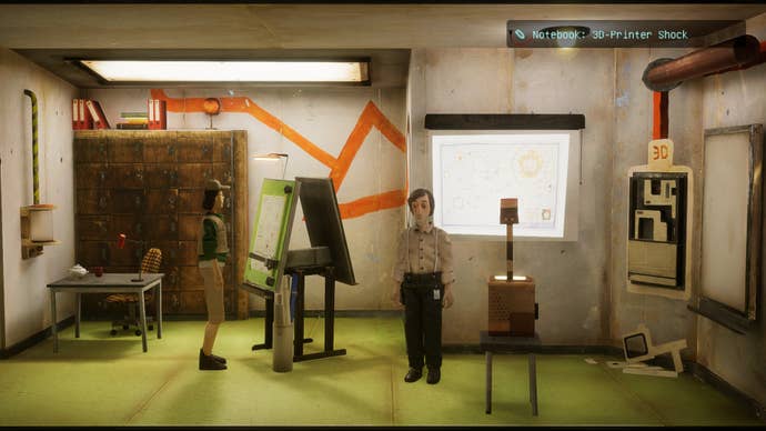 A beige man stands in front of a projector screen in Harold Halibut