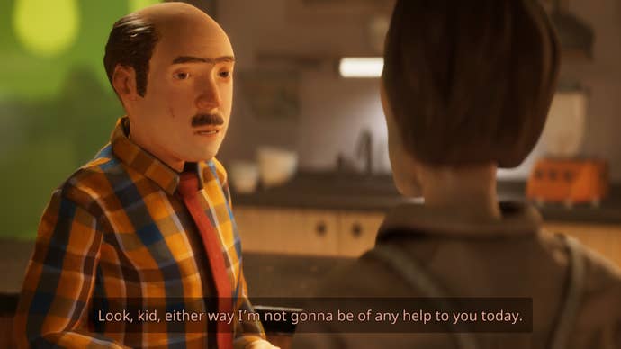 A balding man with a moustache talks to Harold in Harold Halibut