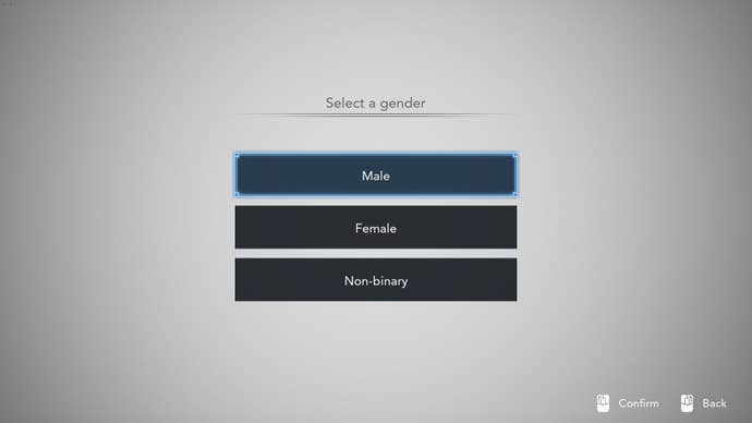 The gender selection menu in Harvestella