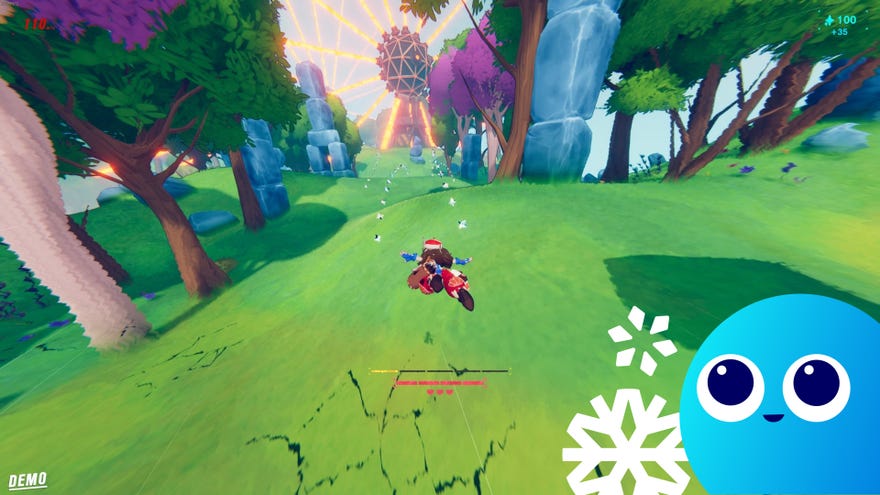Speeding through a floating forest in the Haste: Broken Worlds demo.