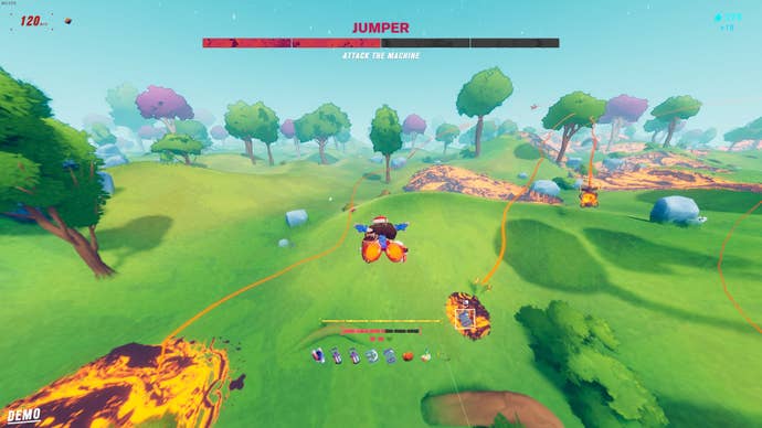 Dodging rockets from a boss robot in the Haste: Broken Worlds demo.