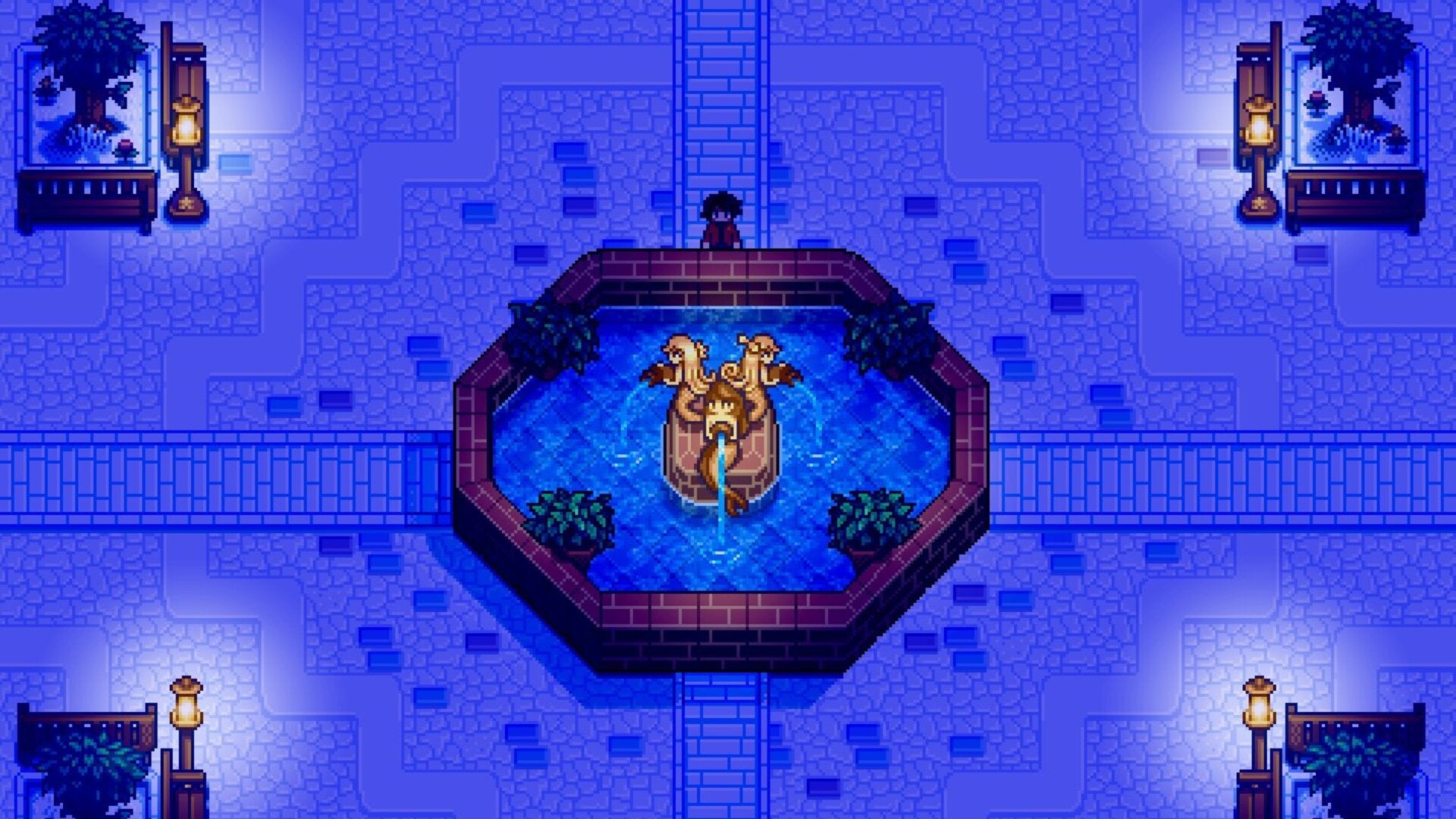 The player character faces a fountain during nighttime in Haunted Chocolatier