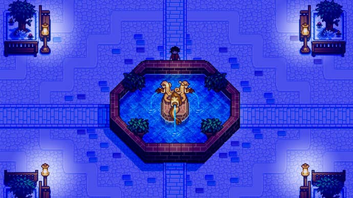 The player character faces a fountain during nighttime in Haunted Chocolatier