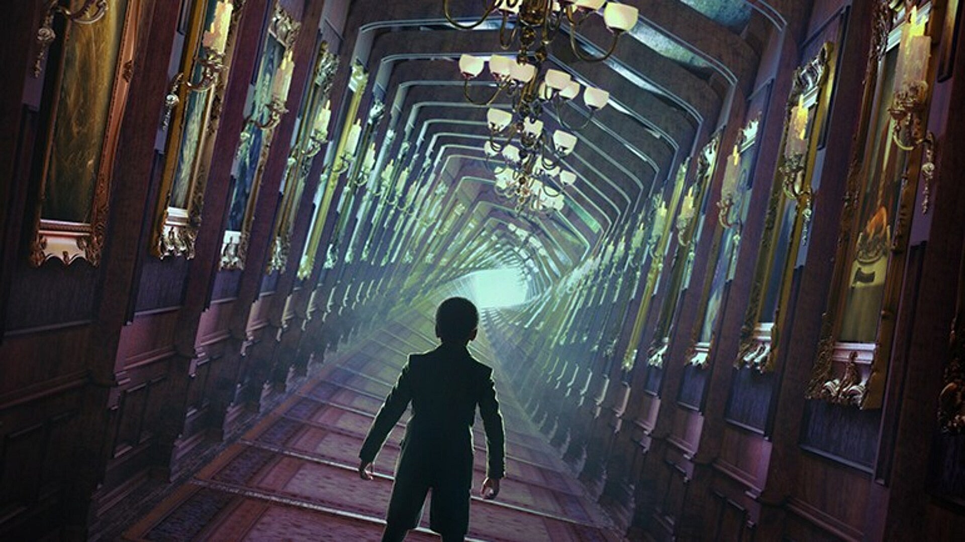Travis looks down a long, winding hallway in Haunted Mansion (2023)