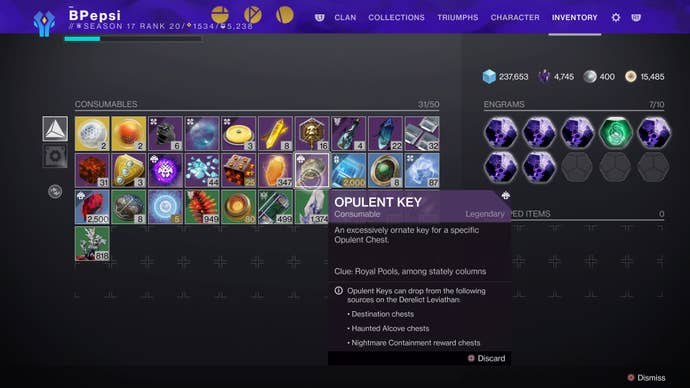 The key of Opulence in the inventory in Destiny 2: Season of the Haunted