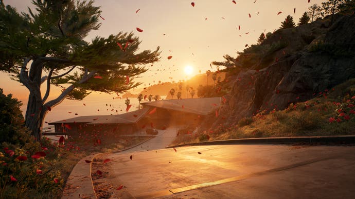 Promotional shot for Dead Island 2 expansion Haus, showing the sun setting over LA