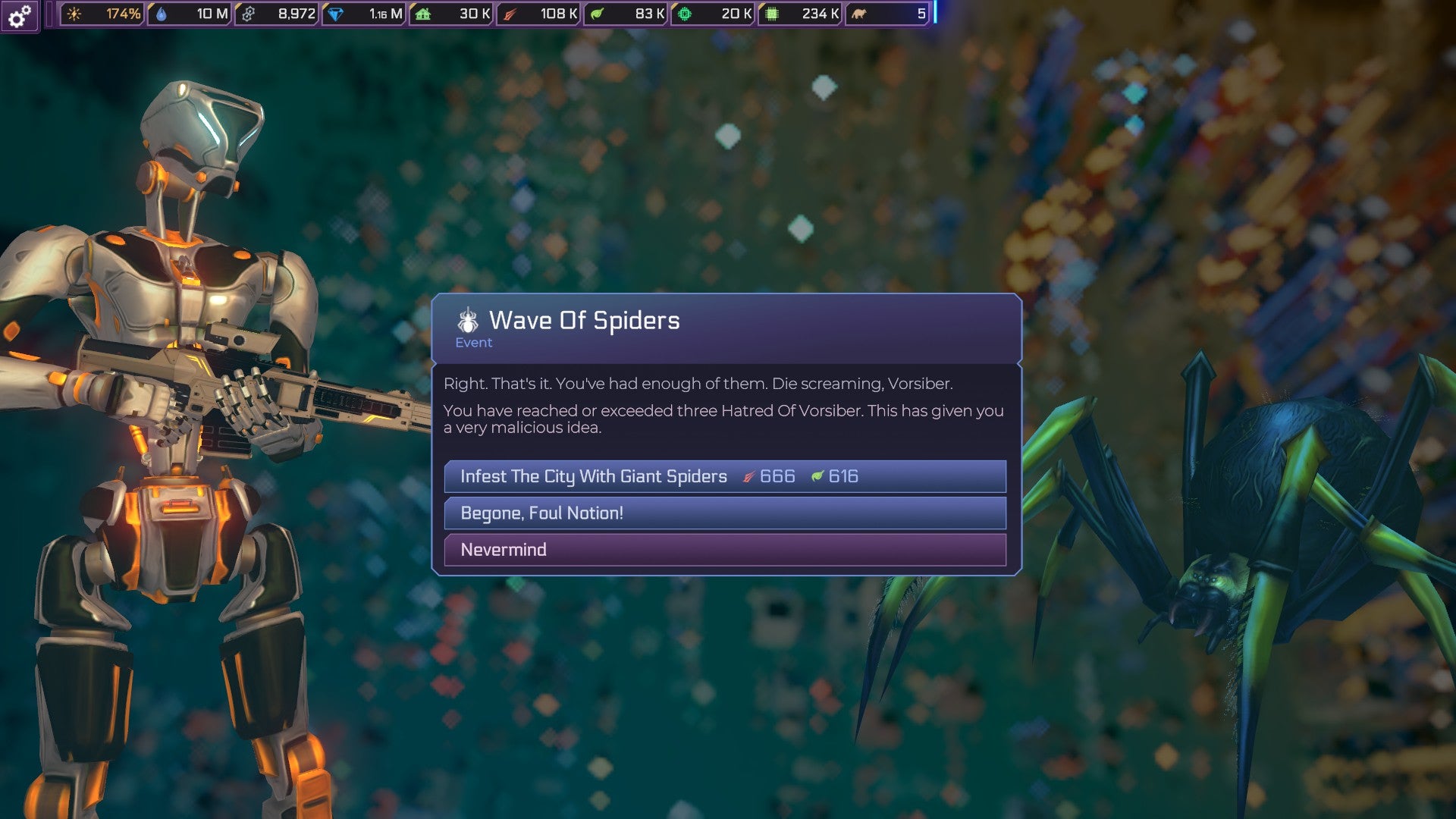 Weighing up whether to sic a horde of giant spiders on a city in Heart of the Machine.