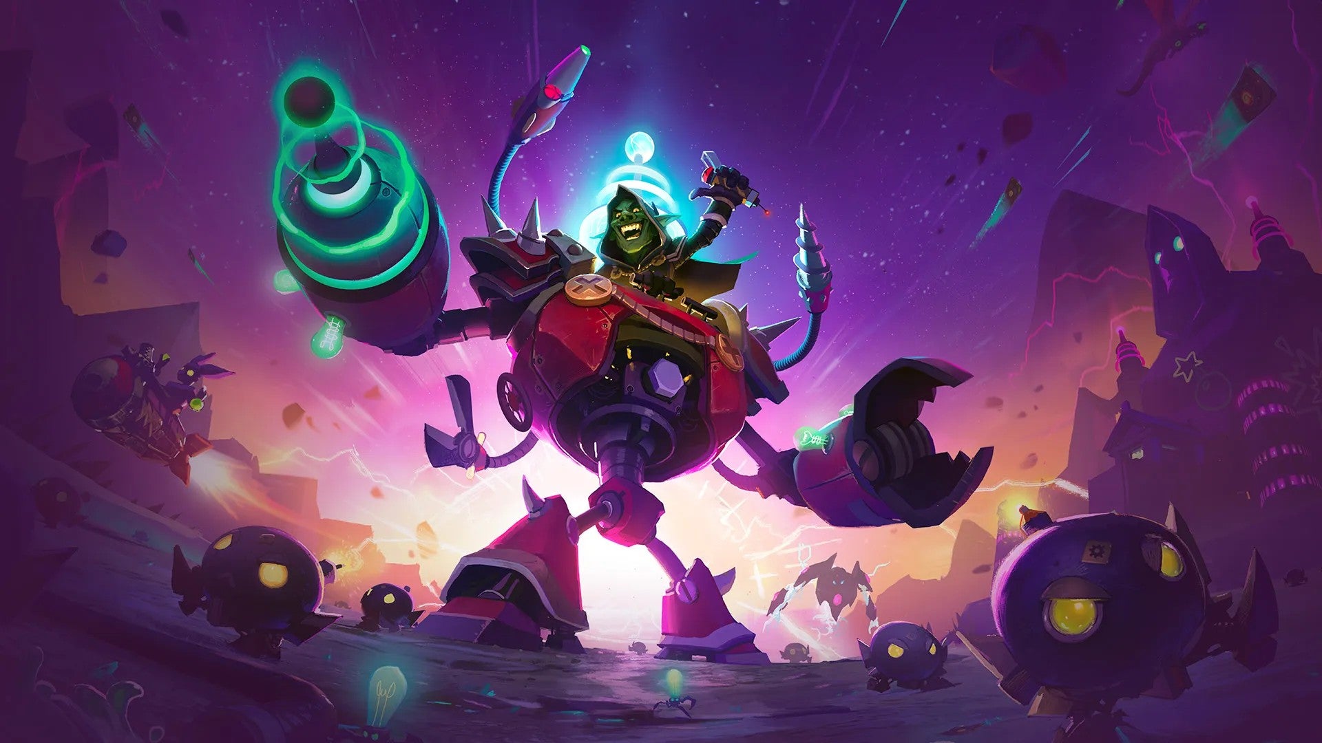 Hearthstone creation showing Dr Boom riding a mech, with Boom Bots marching nearby.