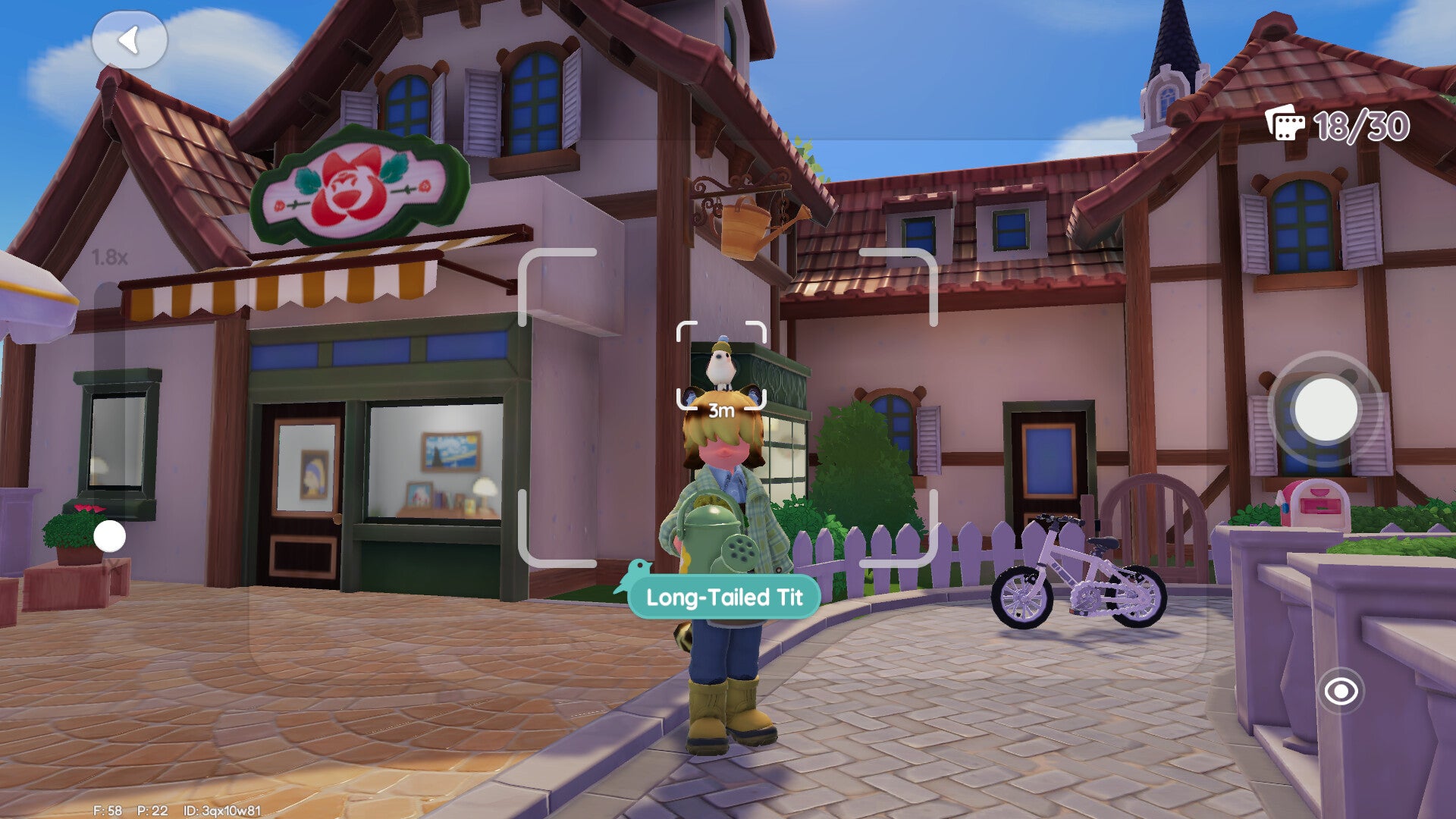 The player scans a Long Tailed Tit on Blanc's head in Heartopia.