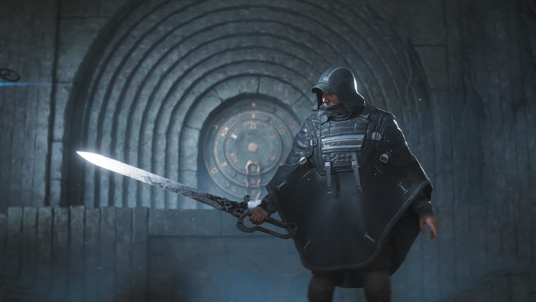 Hell is Us screenshot showing cloaked protagonist holding a white glowing sword.