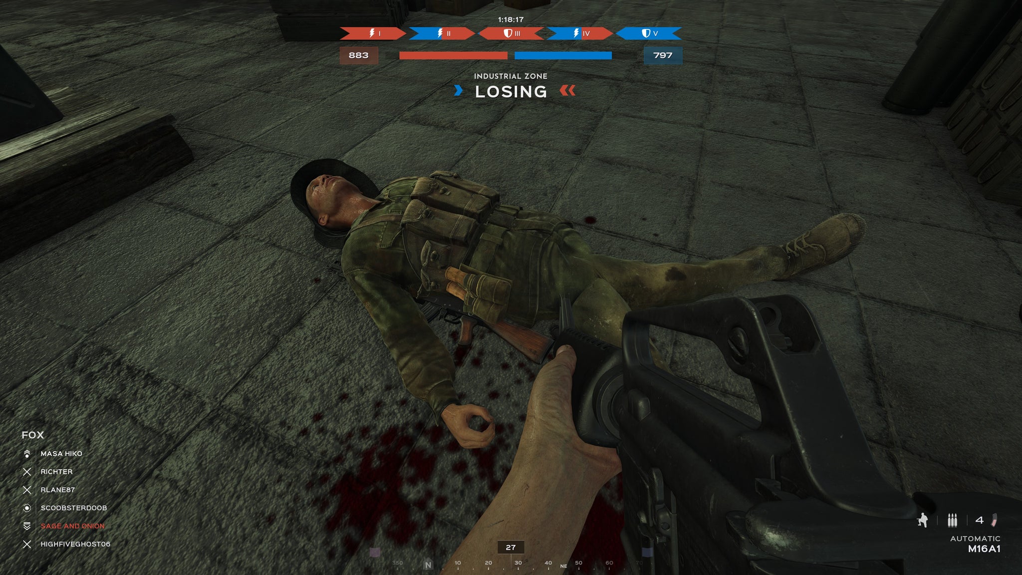 A screenshot of Hell Let Loose: Vietnam, showing the player looking at an NVA soldier's corpse.