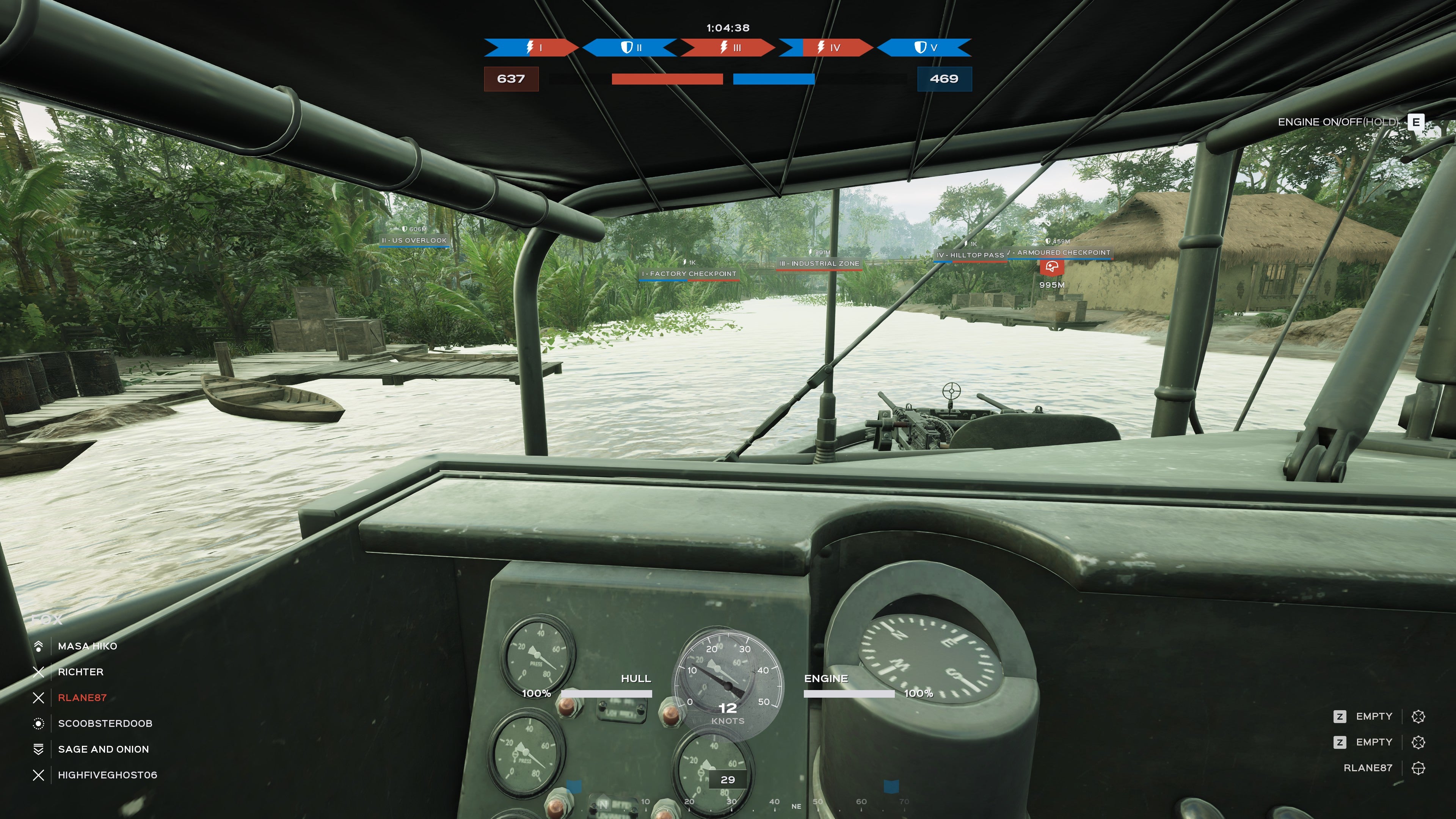 A screenshot of Hell Let Loose: Vietnam, showing the player driving a boat.