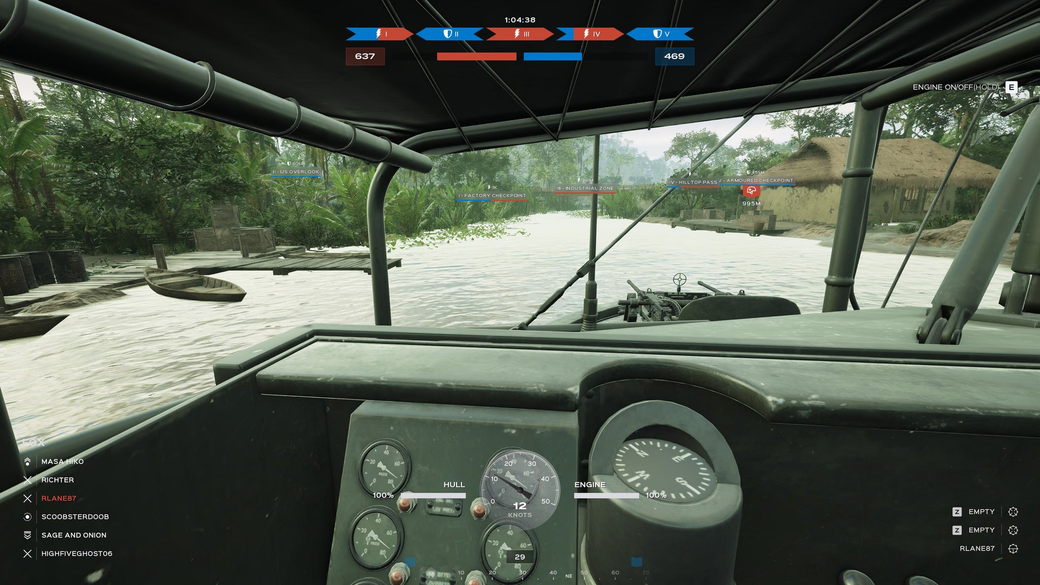 A screenshot of Hell Let Loose: Vietnam, showing the player driving a boat.