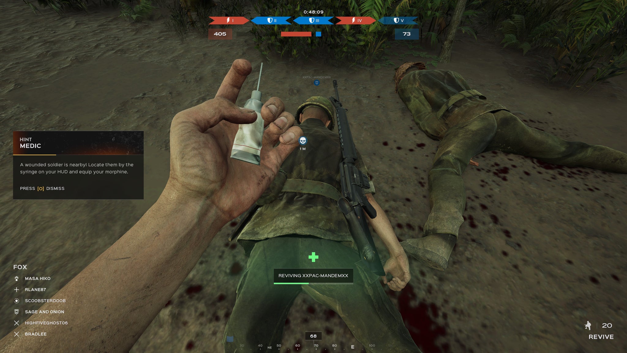 A screenshot of Hell Let Loose: Vietnam, showing the player preparing to revive another player with a syrette of morphine.