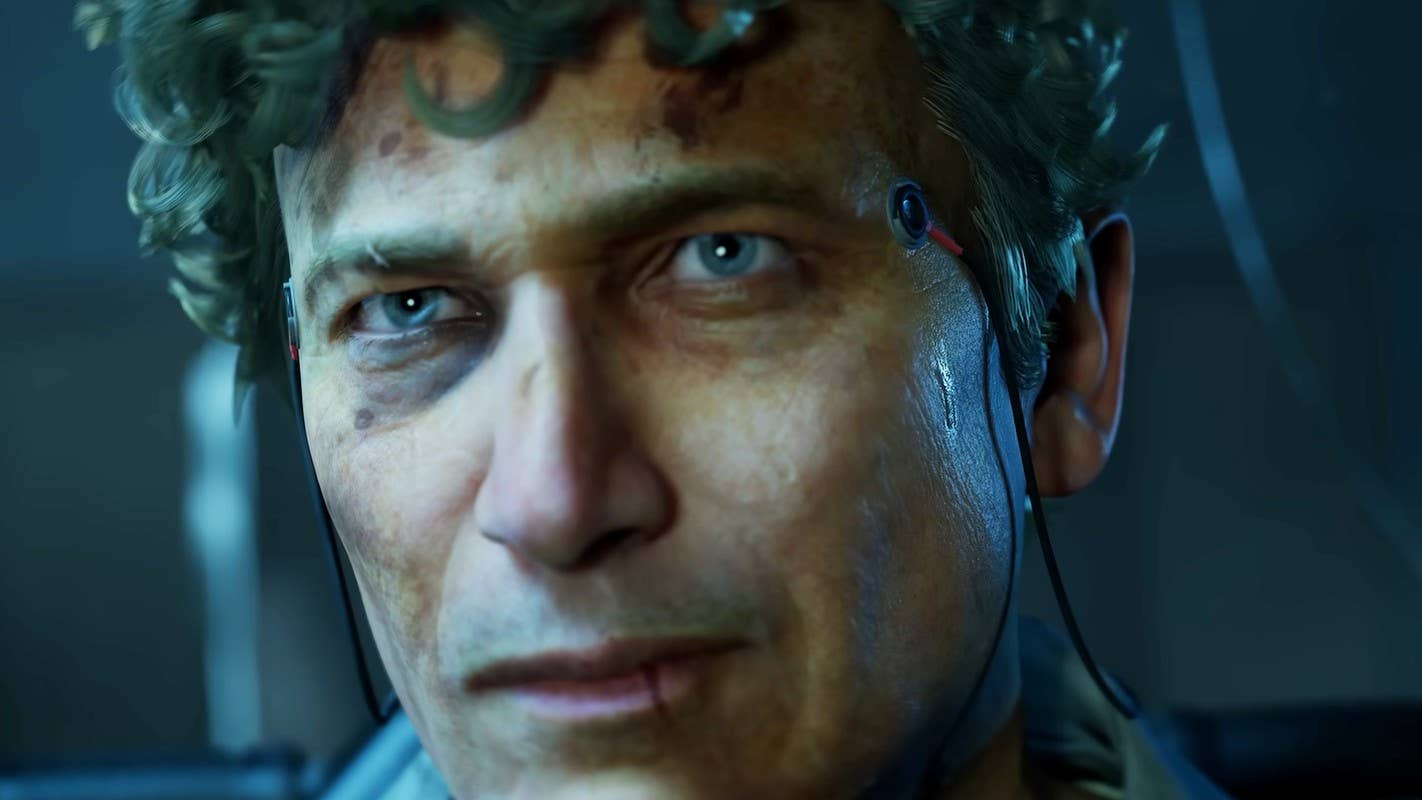 Hell is Us screenshot showing a curly haired man with a black eye and cut lip. He is sweating slightly