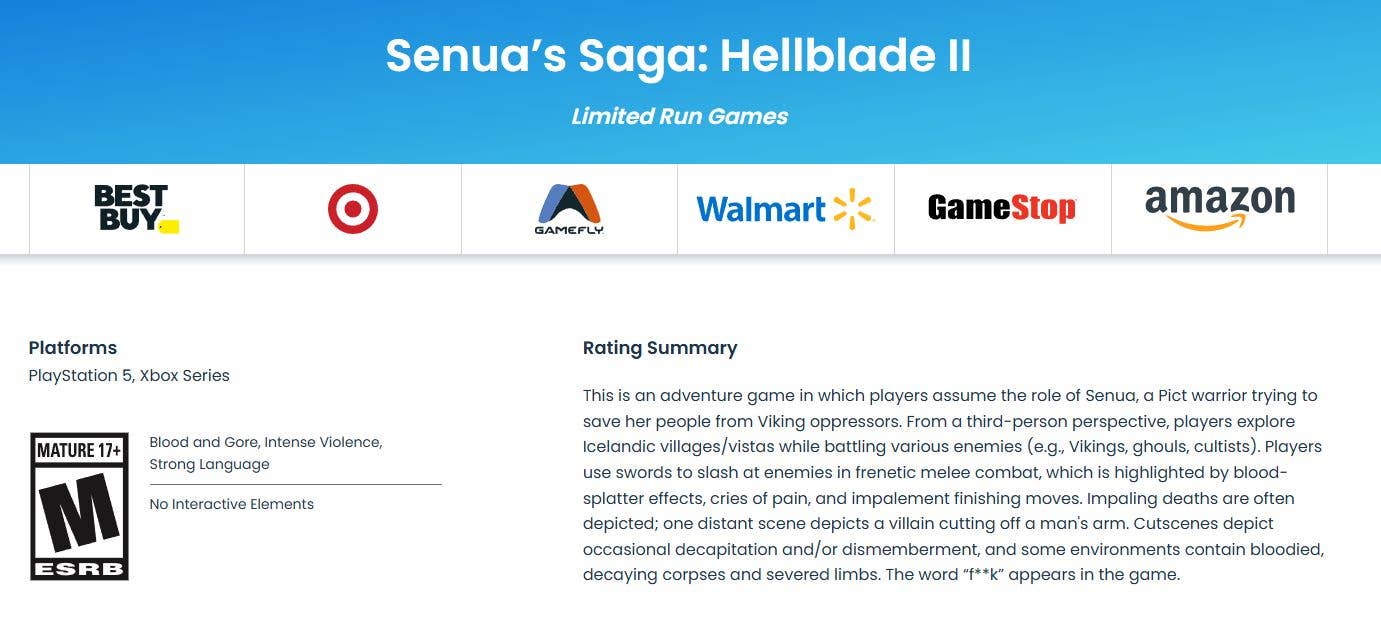 Hellblade 2 ESRB listing with Limited Run Games as publisher