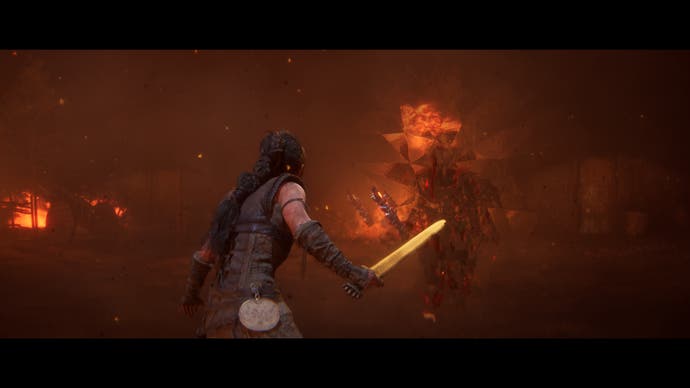 Hellblade 2 screenshot showing Senua facing an enemy whose frame is fragmented and distorted