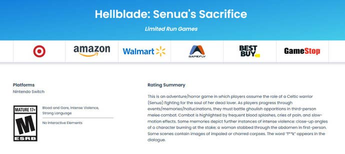 Hellblade ESRB Listagem para Nintendo Switch com jogos de corrida limitados como editor