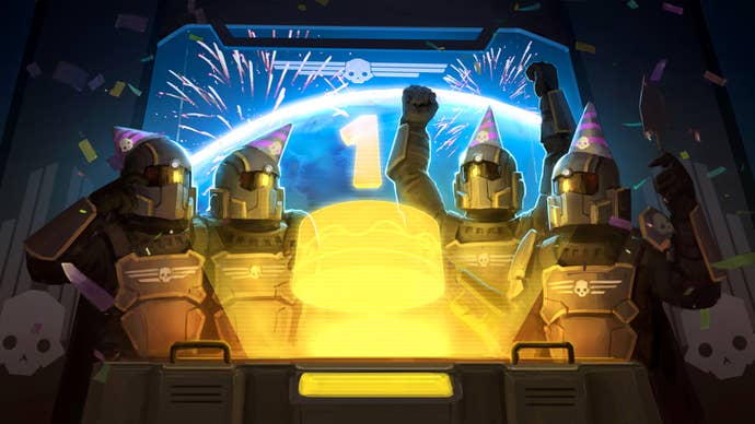 Helldivers 1 anniversary key art, where four trooper celebrate around a cake with a big holographic floating ‘1’ above it.