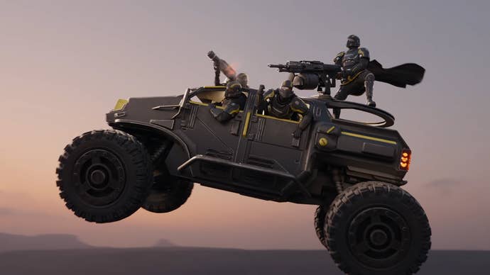 Helldivers 2 Omens of Tyranny trailer screenshot showing caped military soldiers riding in a military truck flying through the air