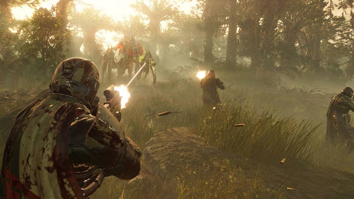 Helldivers 2 screenshot of player shooting bug in distant forest