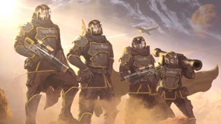Helldivers 2 artwork showing four suited up helldivers standing in a row