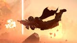 Helldivers 2 player launching themselves through the air, gun in hand and cape flying. Behind them are explosions