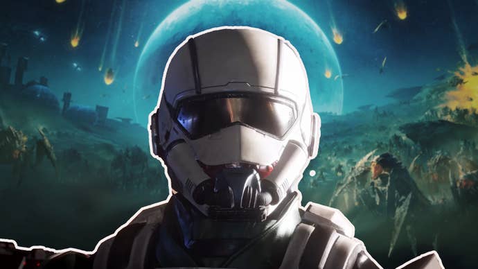 A Helldivers marine takes center stage as a horde of fanged and horned alien creatures amass behind him.