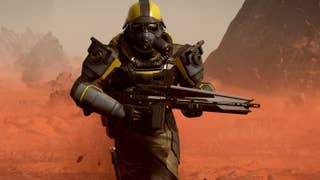Helldivers 2 helldiver running along with a gun in hand