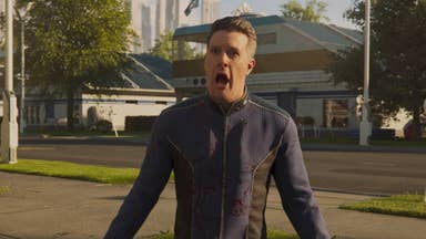 Screenshot from Helldivers 2 opening showing a man standing on a seemingly pleasant street with his mouth open in shock and blood splatters on his shirt