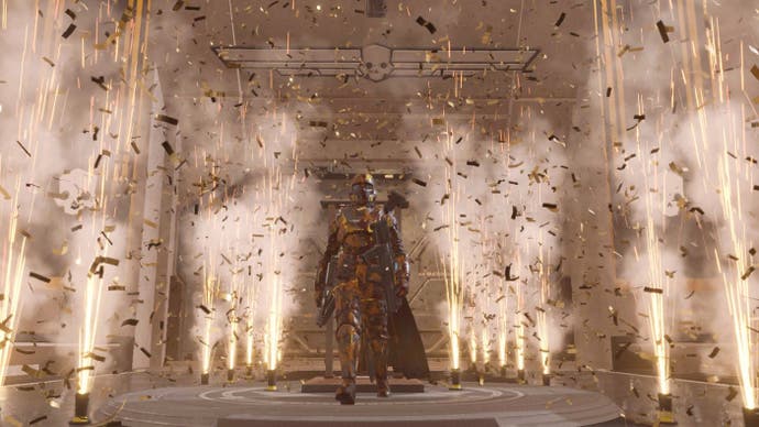 Screenshot from Helldivers 2 showing a Helldiver walking proudly as confetti rockets explode around him.