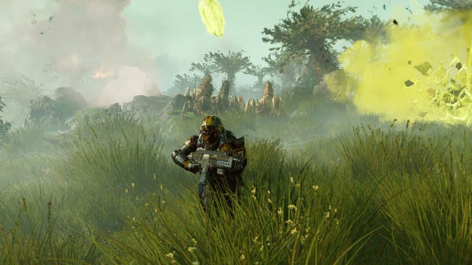 Helldivers 2 screenshot showing a player running from a strange green explosion