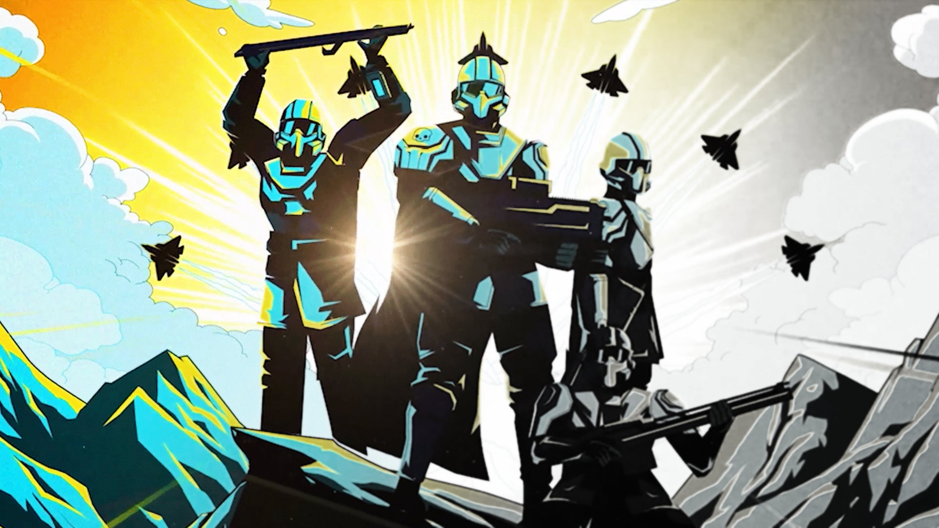 A fireteam of four Helldivers stands victorious in an image that looks quite a lot like World War II propganda. - 1