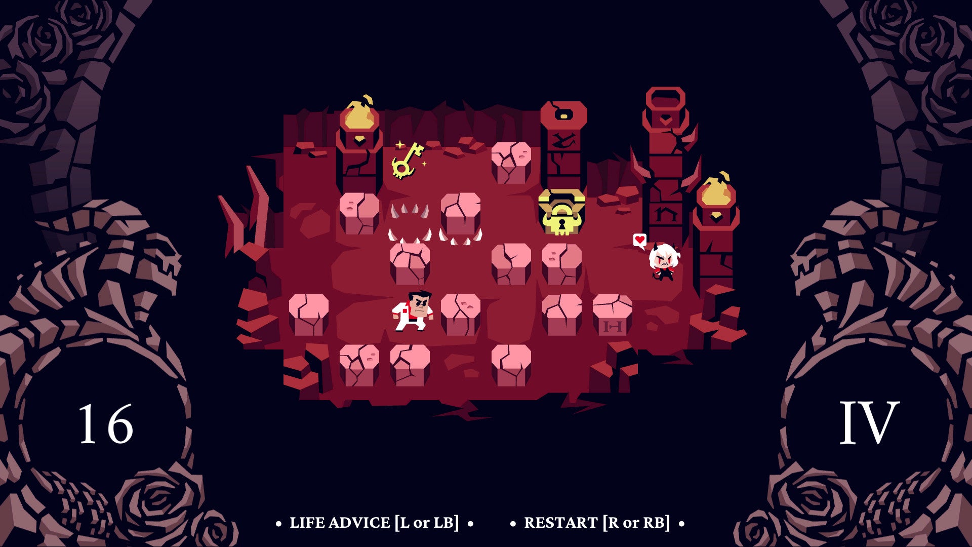 A level in Helltaker is shown, with stones, skeletons, and key items that need to be moved around and collected - 26