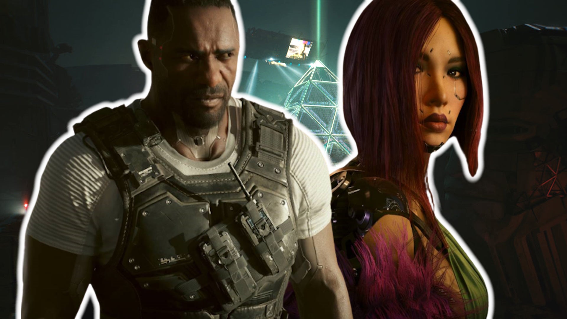 reed scowling in a bullet proof vest and songbird in a formal dress with the skyline of dogtown in the background and the characters have white outlines