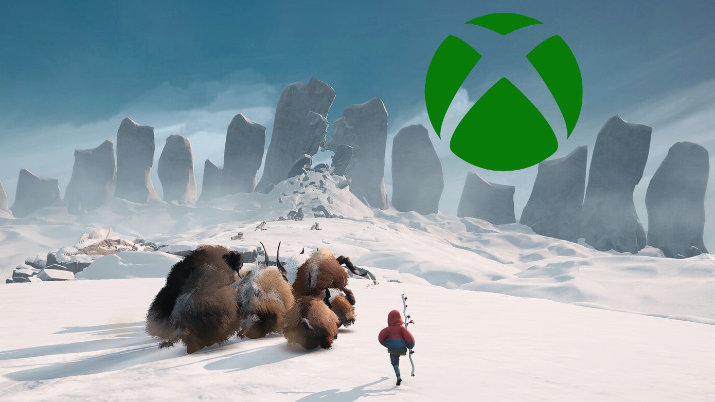 Herdling screenshot showing a human figure leading a herd of fluffy beasts across a snowy landscape with an Xbox logo overlaid on top