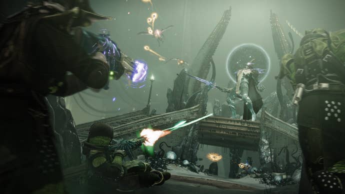 A screenshot from Destiny 2’s latest season, Heresy, shows Guardians concentrating fire on an imposing enemy